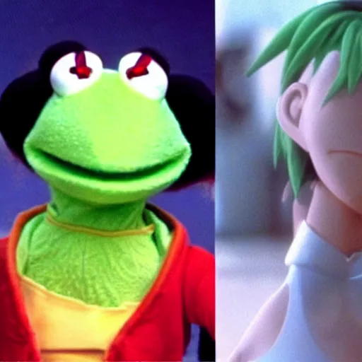 Image similar to Still from the anime movie End of Evangelion, Kermit the Frog from Sesame Street as a giant Rei Ayanami