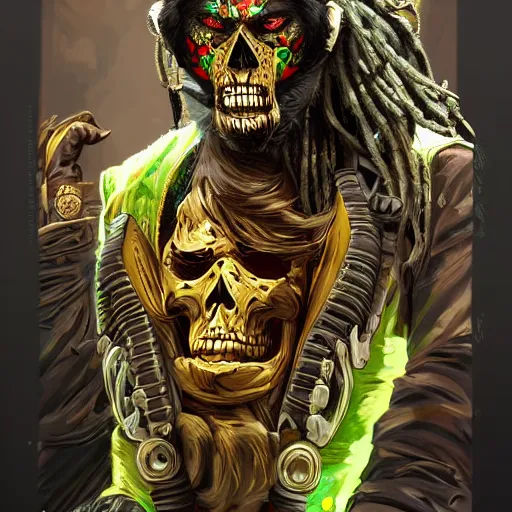 Image similar to a golden skull face monkey warrior with dreadlocks and emeralds in his forehead, Apex Legends character digital illustration portrait design, by android jones, detailed, cinematic lighting, wide angle action dynamic portrait