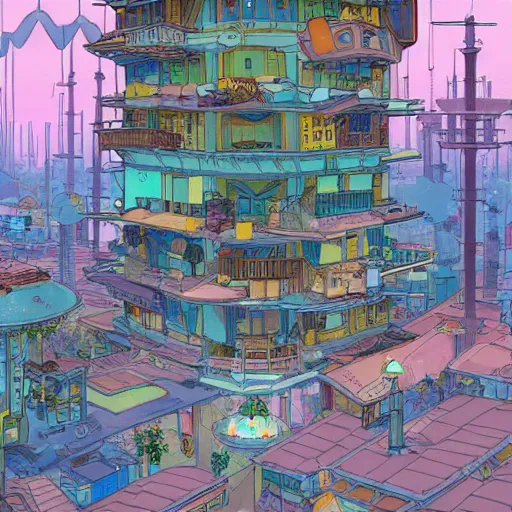 Image similar to a solarpunk city in the style of studio ghibli