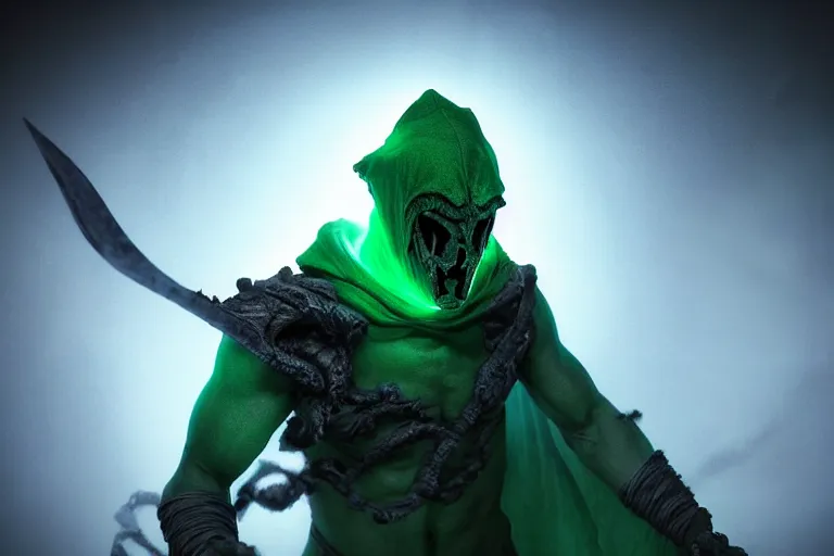 Prompt: vfx film, hyper realistic render, soul reaver, raziel irl, price of persia movie, missing jaw, hero pose, devouring magic souls, scarf, hood, glowing green soul blade, in epic ancient sacred huge cave temple, flat color profile low - key lighting award winning photography arri alexa cinematography, hyper real photorealistic cinematic beautiful, atmospheric cool colorgrade