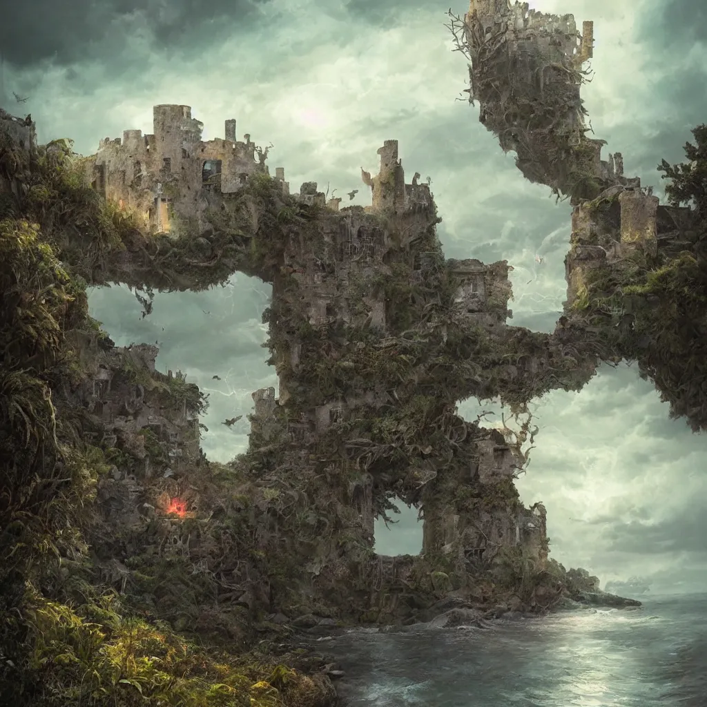 Prompt: ruined castle on a small island only reachable by a small land brisge, 8 k, by tristan eaton, stanley artgermm, tom bagshaw, greg rutkowski, carne griffiths, trending on deviantart, hyper detailed, glorious lighting, dramatic lightning