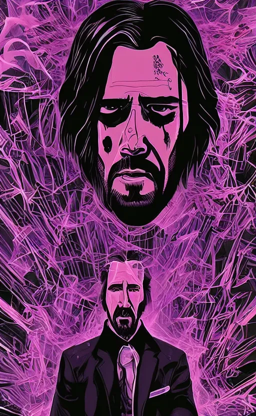 Prompt: nicolas cage as john wick, dramatic lighting, style of mcbess + Laurie Greasley + Satoshi Kon, symmetric lights and smoke, psychedelic effects, glowing particles, neon smoke