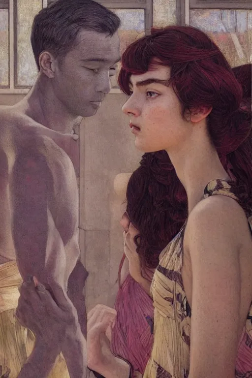 Image similar to detailed people in movie theatre, exterior greenhouse, portrait face, in the style of frantisek kupka, intricate, miles johnston, keita morimoto, kuroda seiki, cynical realism, ozabu, john william godward, painterly, yoshitaka amano, moebius, beautiful lighting