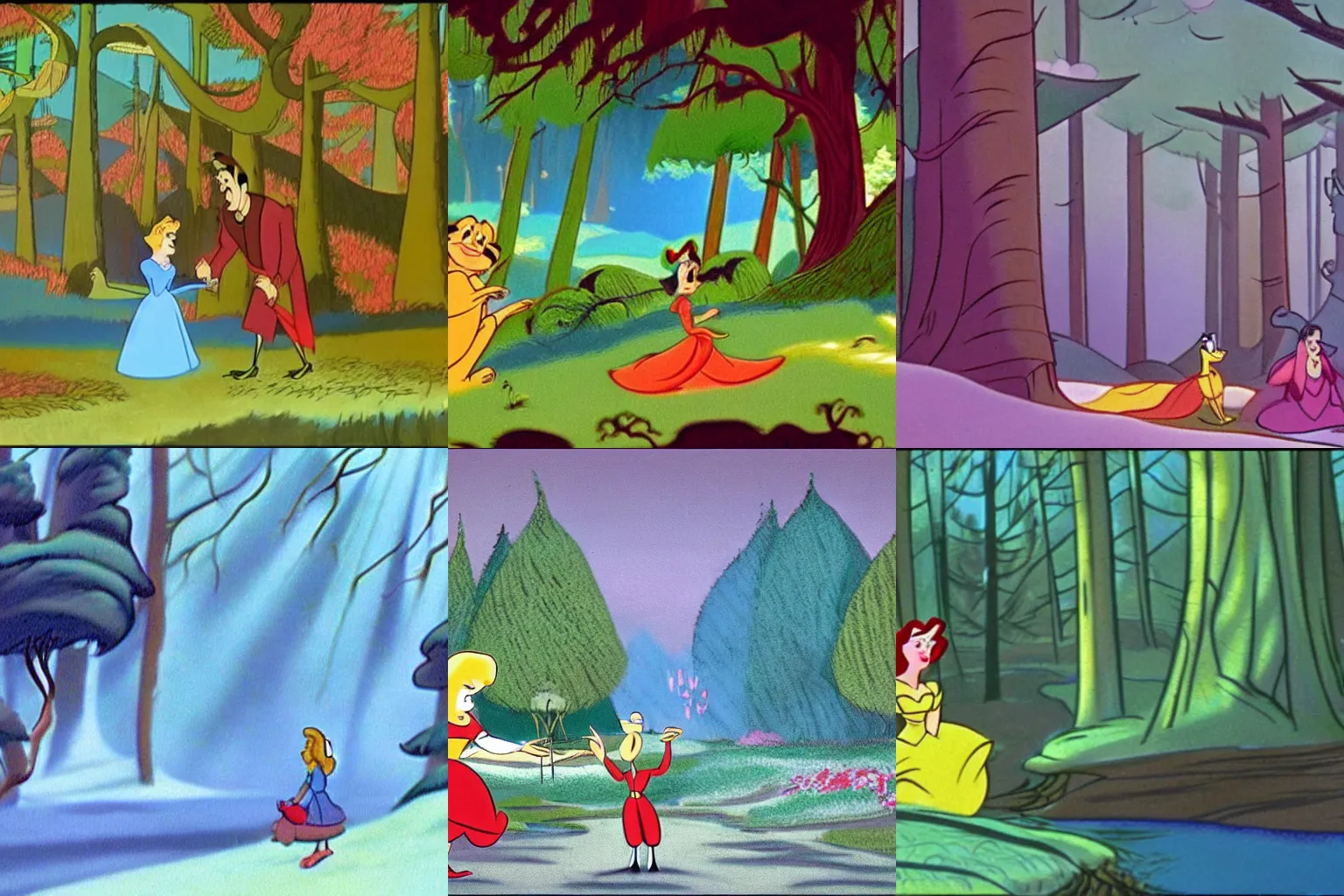 Prompt: Movie frame from the coloured Disney animated motion picture released in 1956, beautiful enchanted forest full of