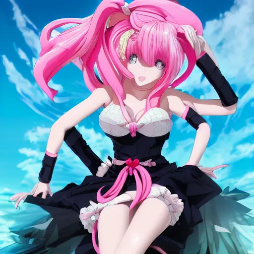 Prompt: stunningly beautiful omnipotent megalomaniacal anime goddess who looks like junko enoshima with porcelain skin, pink twintail hair and mesmerizing cyan eyes, symmetrical perfect face smiling in a twisted, mischievous, devious and haughty way while looking down upon the viewer and taking control, mid view, hyperdetailed, 2 d, 8 k