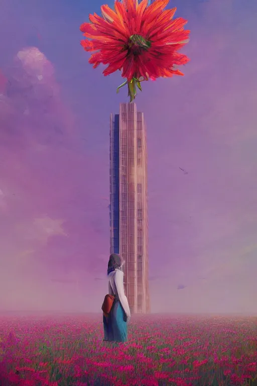 Image similar to closeup, huge flower as head, woman standing by tall modern windows, luxury apartment, surreal photography, sunlight, impressionist painting, digital painting, artstation, simon stalenhag