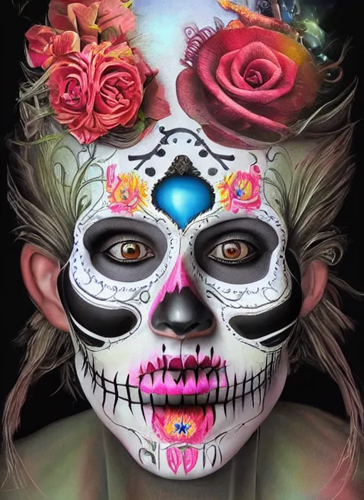 Image similar to dia de los muertos theme surrealist art in the styles of igor morski, jim warren, and saner, intricate, hyperrealistic, accurate facial details, profile picture with chromakey!!!!! background, volumetric lighting