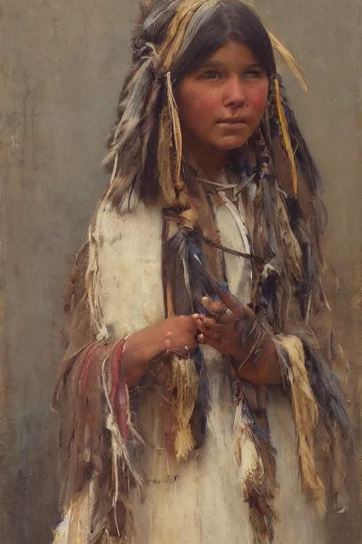 Prompt: Richard Schmid and Jeremy Lipking and Antonio Rotta full length portrait painting of a young beautiful traditonal american indian girl