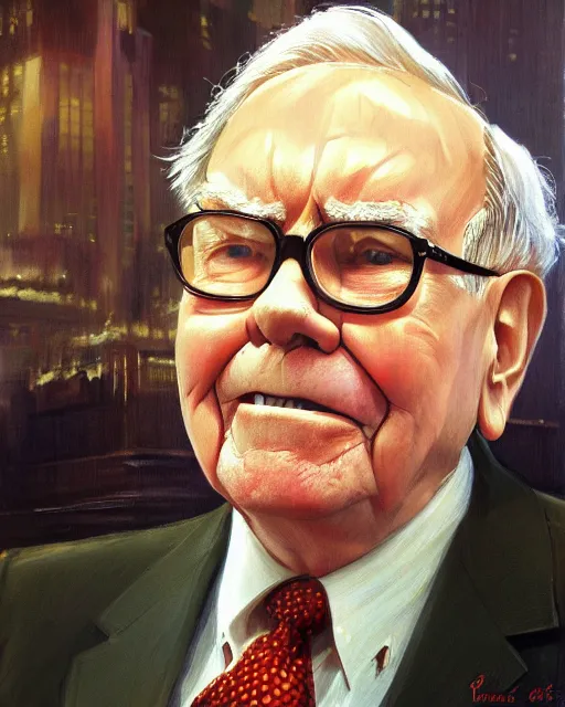 Image similar to beautiful portrait of warren buffett in the new york stock exchange, by paul lehr and mark kolobaev and artgerm, dieselpunk, realism, highly detailed, intricate, studio ghibli color scheme, masterpiece, portrait, face, handsome, hard shadows, sharp focus, 8 k