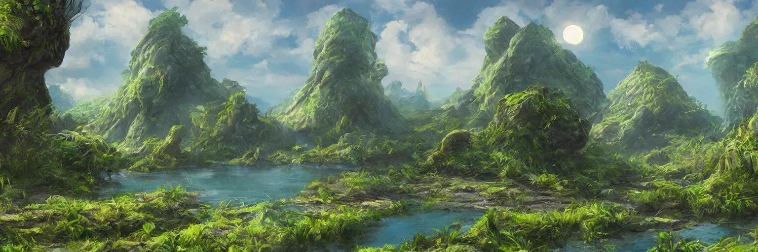 Image similar to summer on a lush alien planet, matte painting