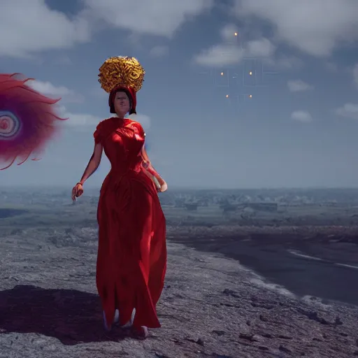 Prompt: goddes of the sun, beautiful, stunning, red golden dress, whirling with power in the sky, unreal engine, concept art, photorealistic, cinematic, james jean, akira, satochi con
