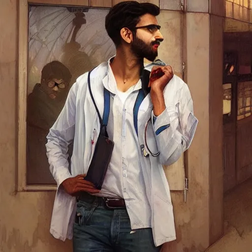 Image similar to Anxious good looking pale young Indian doctors wearing jeans and shirts at the airport, portrait, elegant, intricate, digital painting, artstation, concept art, smooth, sharp focus, illustration, art by artgerm and greg rutkowski and alphonse mucha