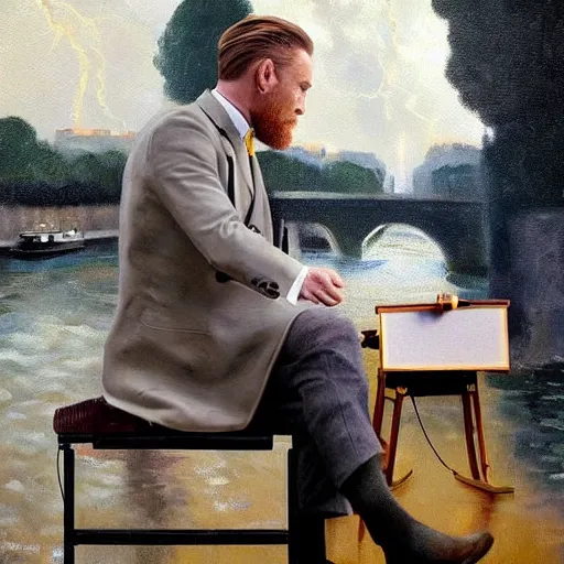 Image similar to mcgregor is dressed as a gentleman at early 2 0 th century paris. he is watching an easel. that easel has a canvas on it. ewan mcgregor has a brush on his hand. he is painting a painting. there is a small brown cat with yellow eyes on ewan mcgregors feet. on background has river seine, morning sun, dark clouds, lightning, matte painting