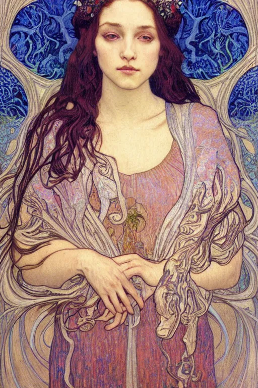 Image similar to detailed realistic beautiful young medieval queen face portrait by jean delville, alphonse mucha, vincent van gogh, and marco mazzoni, art nouveau, symbolist, visionary, gothic, pre - raphaelite