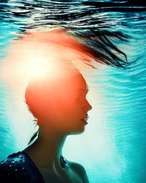 Image similar to photo portrait of woman underwater during sunrise, sunrays, wearing flowing fabric!!, caustics, rippling water, photoshoot, flowing hair, haunting, iconic, fine-art, masterpiece, trending on artstation