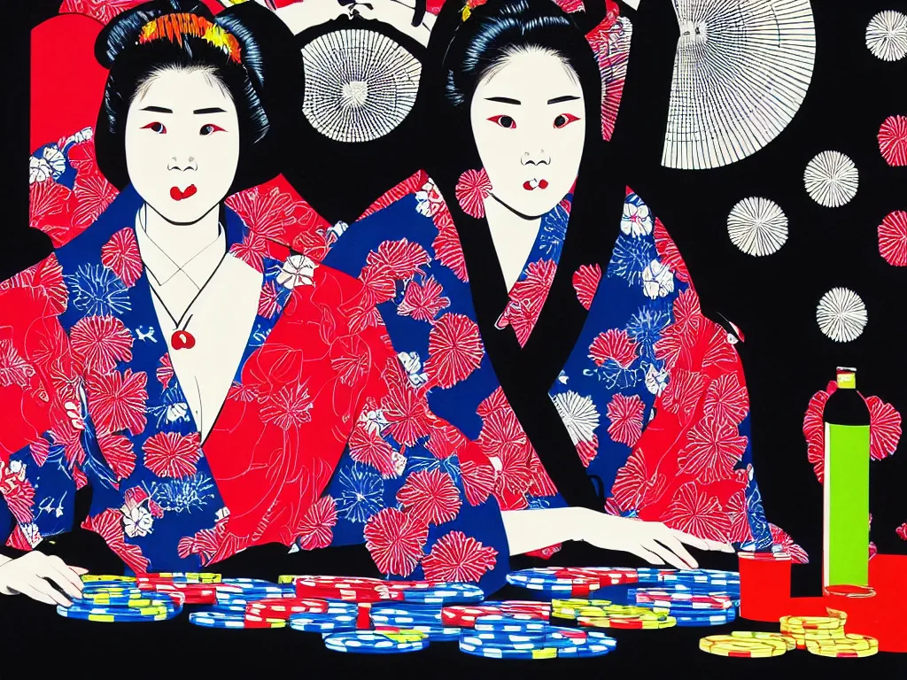 Image similar to hyperrealistic composition of the detailed woman in a japanese kimono sitting at a poker table with detailed darth vader, fireworks, mount fuji on the background, pop - art style, jacky tsai style, andy warhol style, acrylic on canvas