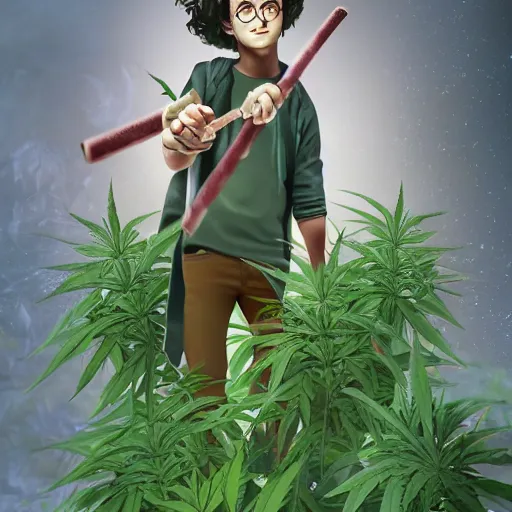 Prompt: harry potter with red eyes in a jungle of weed plants, holding a joint as his wand, his wand he is holding is a joint, smoke coming out of it, and smoking weed and surrounded by green dense weed kush plants, smoke in front, smoke behind, smoke background, red bloodshot eyes, smoking weed, hyper detailed, cinematic lighting, studio quality, smooth render,
