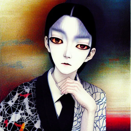 Image similar to yoshitaka amano blurred and dreamy realistic portrait of a woman with white hair and black eyes wearing dress suit with tie, junji ito abstract patterns in the background, satoshi kon anime, noisy film grain effect, highly detailed, renaissance oil painting, weird portrait angle, blurred lost edges, three quarter view