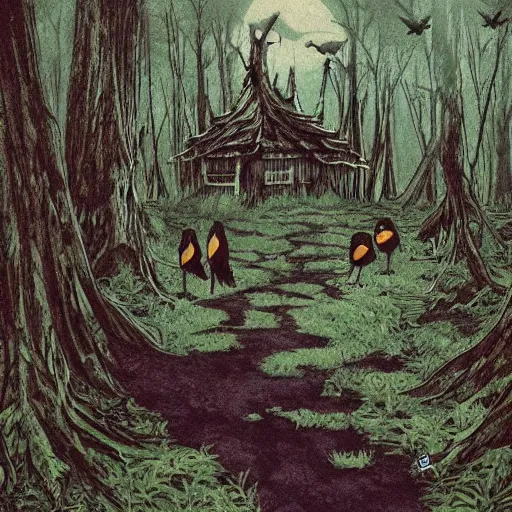 Image similar to deep into the witchwood forest swamp, studio ghibli, crows, decay, hut,