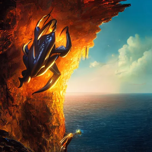 Image similar to octane render by mort kunstler and annie leibovitz and angus mckie, a giant shiny reflective huge metal eccentric flamboyant strange humanoid cat creature covered in tropical glowing alien plants on the side of a stunning cliffside over crashing ocean waves, sunset lighting, 4 d, 4 k, volumetric lighting, ray traced lighting, ultra - detailed