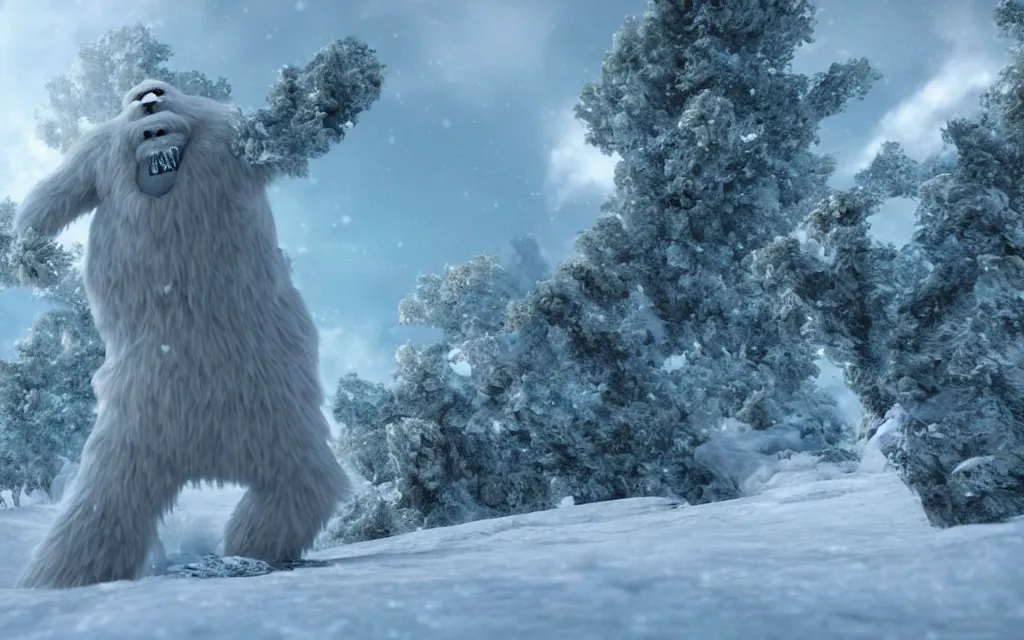 Prompt: a cg render of a single snow yeti running from a snow avalanche, looking over his shoulder, running towards the camera, there is a douglas fur tree in the left part of the frame, epic cinematic layout, hollywood pixar style film
