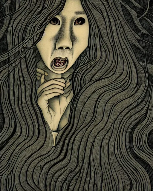 Prompt: in the style of junji ito, audrey kawasaki, shinsui ito, transparent ghost screaming, full body, in the woods, moody lighting