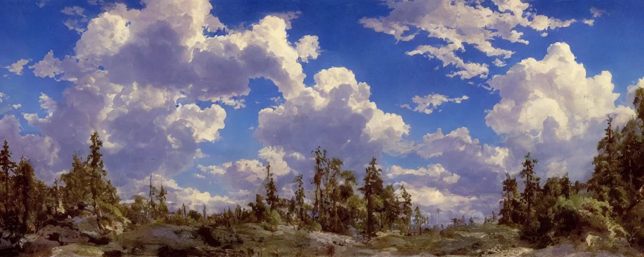 Image similar to disney illustrated background of blue sky huge clouds by eugene von guerard, ivan shishkin, john singer sargent