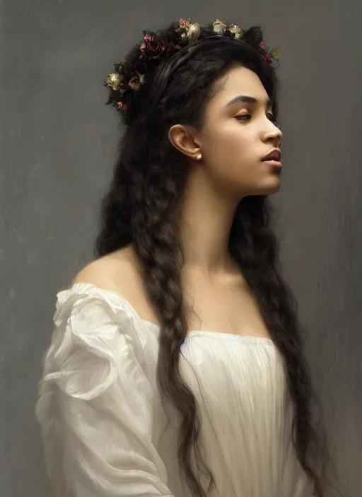 Prompt: oil painting close up portrait of a contemplative young black woman with long dark flowing hair in a white dress, wearing a crown of white roses!! at sunset, hazy, digital art, chiaroscuro, artstation, cinematic, golden hour, digital art painting by greg rutkowski, william - adolphe bouguereau, hazy atmosphere, cinematic lighting