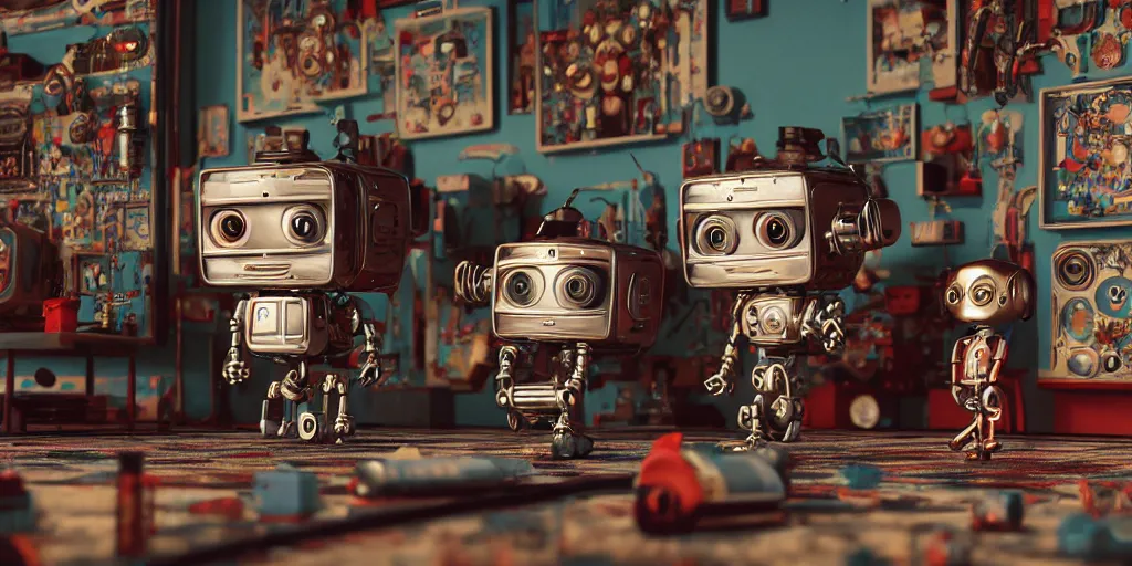 Prompt: closeup portrait of tin toy retro living room of cyberpunk robot family, depth of field, zeiss lens, detailed, centered, fashion photoshoot, by nicoletta ceccoli, mark ryden, lostfish, breathtaking, 8 k resolution, extremely detailed, beautiful, establishing shot, artistic, hyperrealistic, octane render, - h 8 0 4