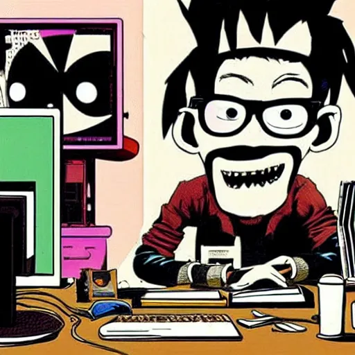 Image similar to goth nerd sitting at a computer in a cluttered room, by jamie hewlett, jamie hewlett art, gorillaz art aesthetic,