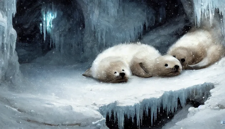 Image similar to highly detailed painting of cute furry white baby seals cuddled up inside snowy fantasy ice crystal cavern by william turner, by greg rutkowski, by william constable, thick brush strokes and visible paint layers, 4 k resolution