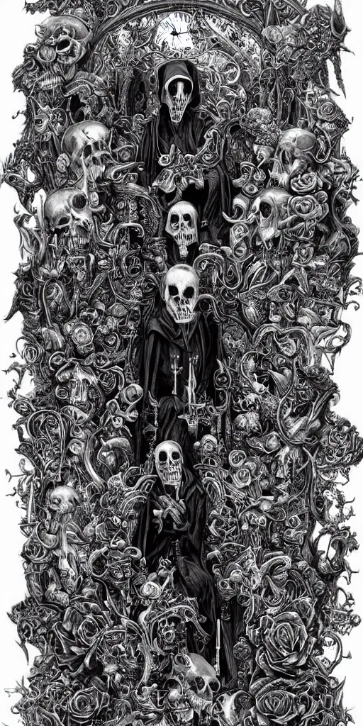 Prompt: ”hooded grim reaper sitting on a throne of skulls, roses and hourglasses, [ultra detailed ink, surreal, intricate and ornate, joe fenton]”