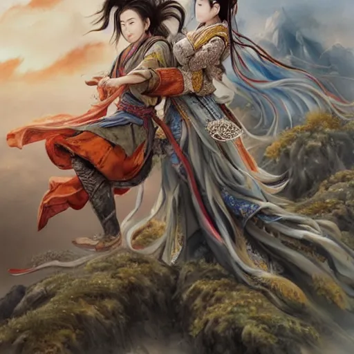 Image similar to dynamic composition, motion, ultra-detailed, incredibly detailed, a lot of details, amazing fine details and brush strokes, colorful and grayish palette, smooth, HD semirealistic anime CG concept art digital painting, watercolor oil painting of meadow and sunrise, from Three Kingdoms, by a Chinese artist at ArtStation, by Huang Guangjian, Fenghua Zhong, Ruan Jia, Xin Jin and Wei Chang. Realistic artwork of a Chinese videogame, gradients, gentle an harmonic grayish colors.