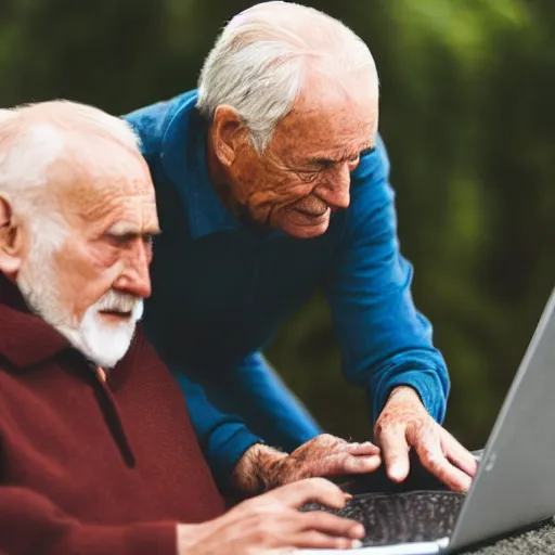 Prompt: coffin with elderly man who is browsing internet on laptop