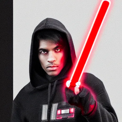 Image similar to a man with black hair in a black hoodie posing while holding a red lightsaber, Trending on artstation