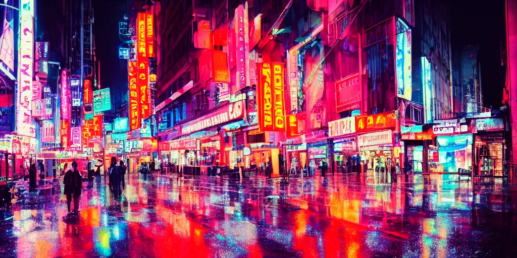 Image similar to A rainy street lit up by neon signs in the city