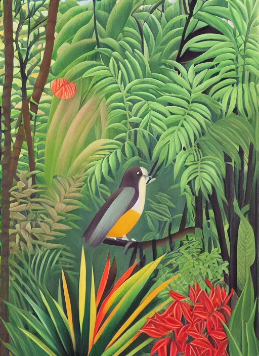 Image similar to rare bird in the jungle, style of henri rousseau