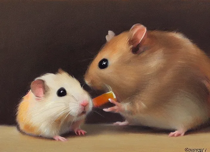 Prompt: a highly detailed beautiful portrait of a cute hamster drinking beer, by gregory manchess, james gurney, james jean