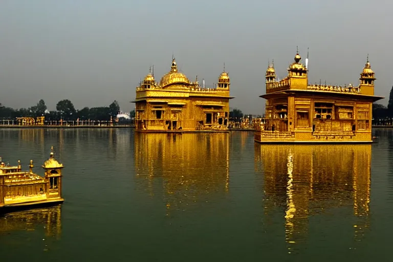 Image similar to an amazing award winning photo of a golden temple in a lake, symmetrical, cinematic, masterpiece