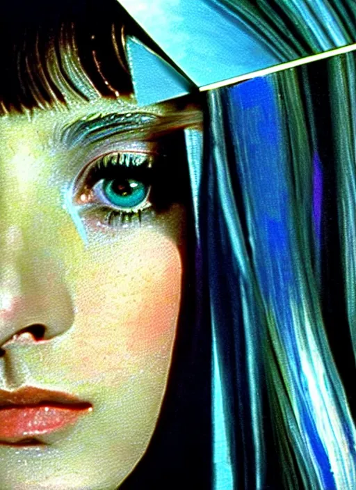 Image similar to 1971 film still from an Italian drama film of a young French actress as the goddess of razor blades. ultra detailed painting at 16K resolution and amazingly epic visuals. epically beautiful image. amazing effect, image looks gorgeously crisp as far as it's visual fidelity goes, absolutely outstanding. vivid clarity. ultra. iridescent. mind-breaking. mega-beautiful pencil shadowing. beautiful face. Ultra High Definition. godly shading. amazingly crisp sharpness. photorealistic film cel processed twice..