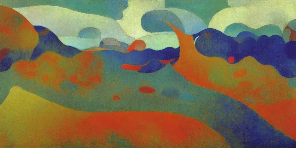 Image similar to An insane, modernist landscape painting. Wild energy patterns rippling in all directions. Curves, organic, zig-zags. Mountains, clouds. Rushing water. Waves. Psychedelic dream world. Odilon Redon. Alex Katz.