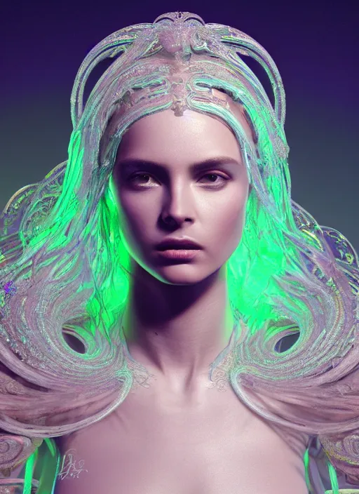 Image similar to beauteous goddess sumptuous face, with incredible iridescent pearlescent voluminous fluorescent neon laser beam hair, delicate crystalline masterpiece incrustations, by h. r. giger, hyperdetailed face, elegant pose, movie still, intricate, octane render, cinematic forest lighting, unreal engine, crepuscular rays, god rays