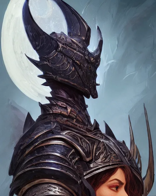 Prompt: Portrait of a Fantasy black knight, moonlit, HD, illustration, epic, D&D, fantasy, intricate, elegant, highly detailed, digital painting, artstation, concept art, smooth, sharp focus, illustration, art by artgerm and greg rutkowski and alphonse mucha, monster hunter illustrations art book