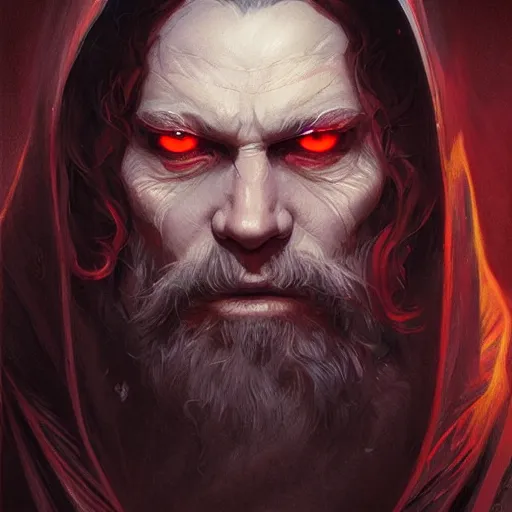 Image similar to portrait of a evil wizard with red eyes, epic, D&D, fantasy, intricate, elegant, highly detailed, digital painting, artstation, concept art, smooth, sharp focus, illustration, art by artgerm and greg rutkowski and alphonse mucha