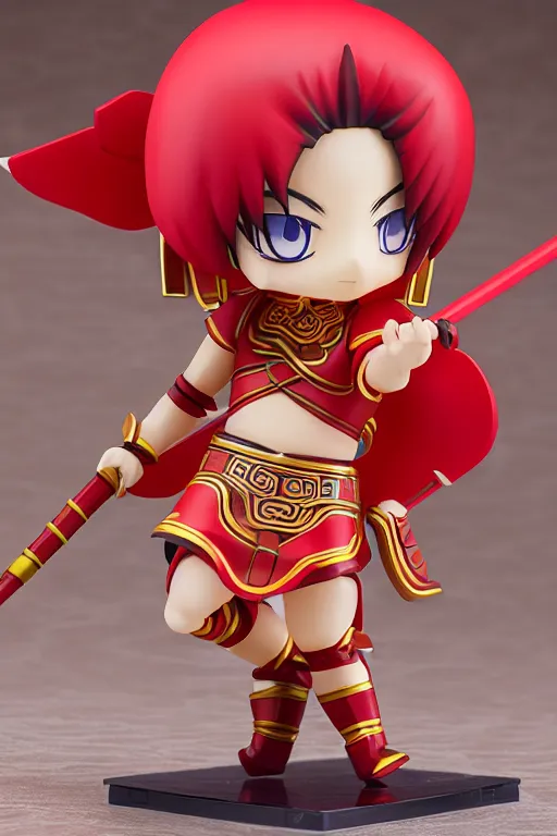 Prompt: arty chinese mythology ne zha nendoroid full body hyperdetalied, hero action pose, osamu tezuka, macoto takahashi, chibi, q posket, 8 k realistic, 3 d, cryengine, exquisite, red cloth around his shoulders, hold spear