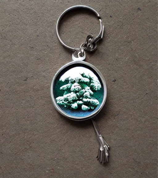 Prompt: realistic keychain of 'a snowy pine tree'