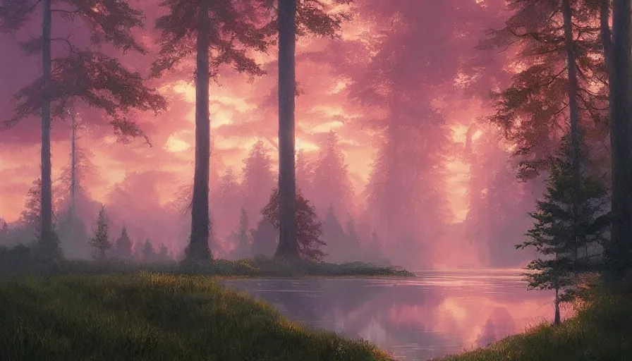 Image similar to tall lush evergreen trees beside a beautiful lake, pink clouds backlit by yellow sun, aesthetic, by greg rutkowski, featured on artstation, wide angle