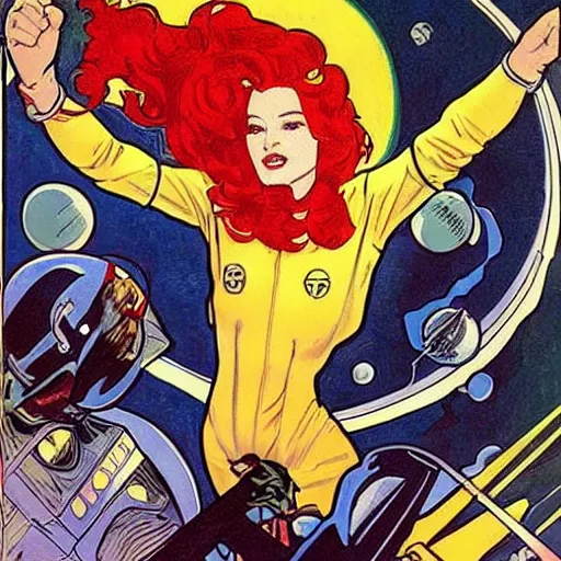 Image similar to a woman with red hair, floating in space. she is an astronaut, wearing a space suit. well composed, clean elegant painting, beautiful detailed face. comic book art by steve ditko and jack kirby and ( alphonse mucha )