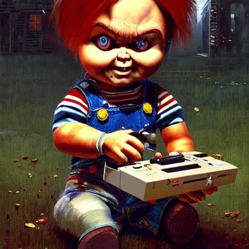 Prompt: the doll chucky playing super nintendo, oil painting, by greg rutkowski