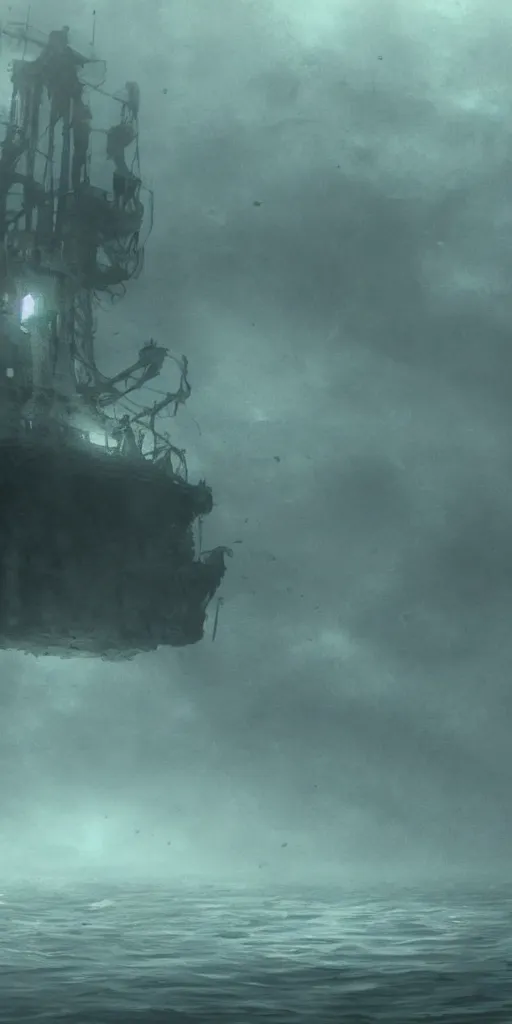 Image similar to an old ship on the bottom of the ocean that sunk long ago. mysterious, intimidating, haunted. horror movie screencap. epic. trending on artstation